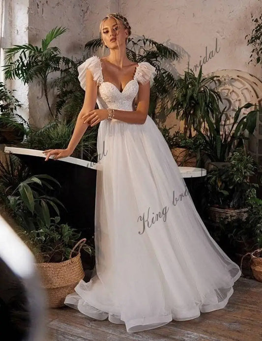 A-line Tulle Off Shoulders Wedding Dress Lace Wedding Gown Luxury Beaded Bridal Gown Ruffle Straps Corset Dress Heart