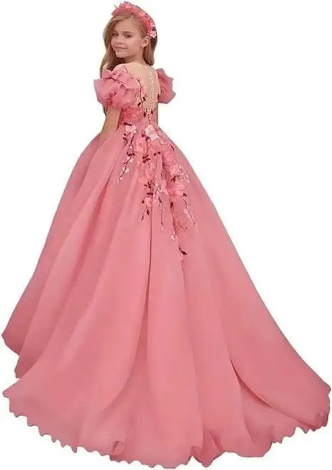 Vestidos de tul para niñas de flores para bodas, vestidos de primera comunión para niñas, mangas abullonadas, vestidos de baile para niñas para fiestas y bodas