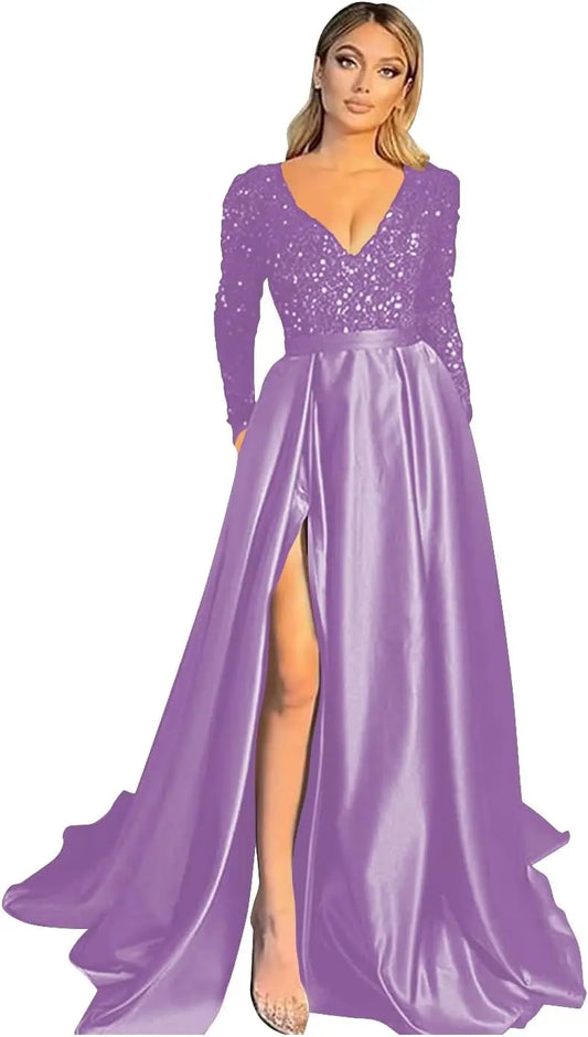 Vestido de fiesta de graduación con lentejuelas brillantes para mujer, con bolsillos, de satén de manga larga, vestido de noche formal con abertura, elegante para fiesta de boda