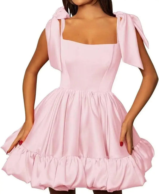 Vestido de fiesta formal sin mangas con tirantes abullonados, corte A, para adolescentes, de satén, corto, para cóctel y regreso a casa.