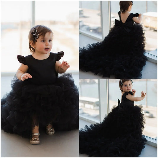 Vestido plisado elegante de longitud para niña, fiesta de cumpleaños, primera comunión, negro, para niña de las flores, para boda, alto-bajo