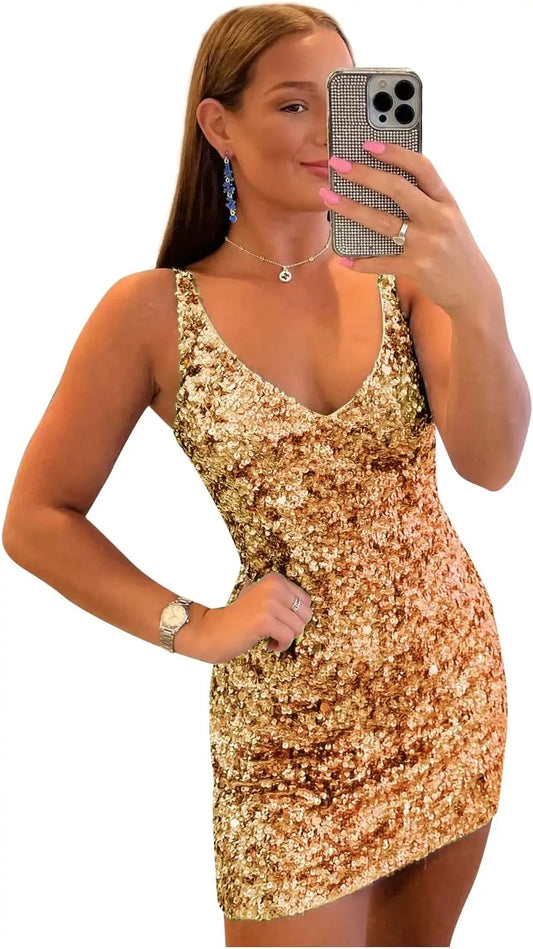 Vestidos cortos de lentejuelas para adolescentes (2025), cuello en V, brillantes, formales, para fiesta de graduación, cócteles, bailes de graduación.