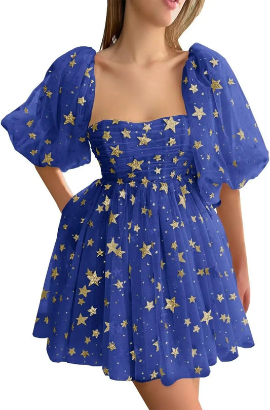 Individuell angefertigte, glitzernde, sternenklare Tüll-Kurzkleider für Teenager mit Glitzersternen, Mini-Abschlussballkleid mit Puffärmeln, formelles Clubkleid