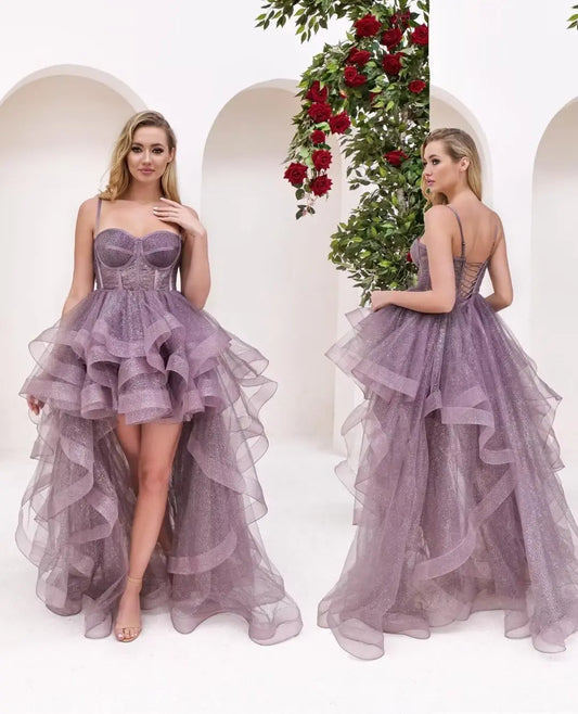 Vestido de fiesta de tul con tirantes finos, vestido de baile de graduación alto-bajo, vestido de regreso a casa con capas y volantes, vestidos de quinceañera estilo princesa