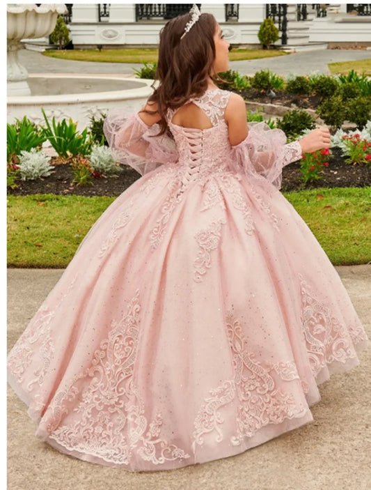 Vestido elegante de lentejuelas hasta el suelo para niña, fiesta de cumpleaños, primera comunión, apliques de encaje, vestidos de niña de las flores para boda