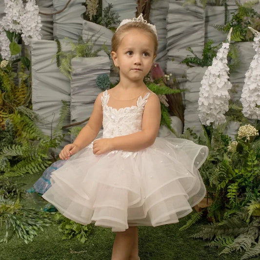 Vestidos de tul rosa claro con estampado floral escalonado sin mangas para bodas, fiestas de cumpleaños, primera comunión, vestidos para niñas de las flores