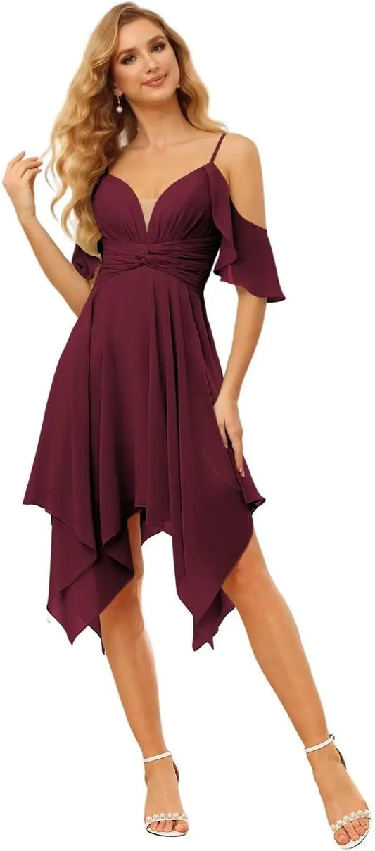 Vestidos de dama de honor junior de gasa con hombros descubiertos para mujer, vestidos formales de corte A con volantes y bolsillos cortos con abertura, vestido de fiesta de boda