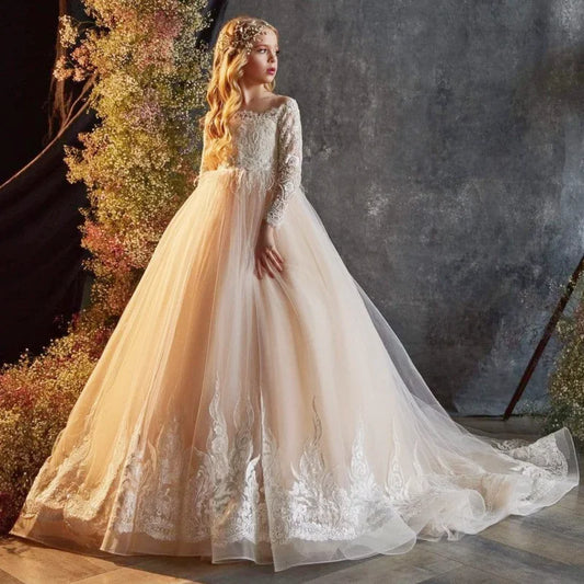 Vestido de tul champán con apliques blancos abullonados y manga larga para bodas, fiestas de cumpleaños y banquetes, personalizado para niñas de las flores.