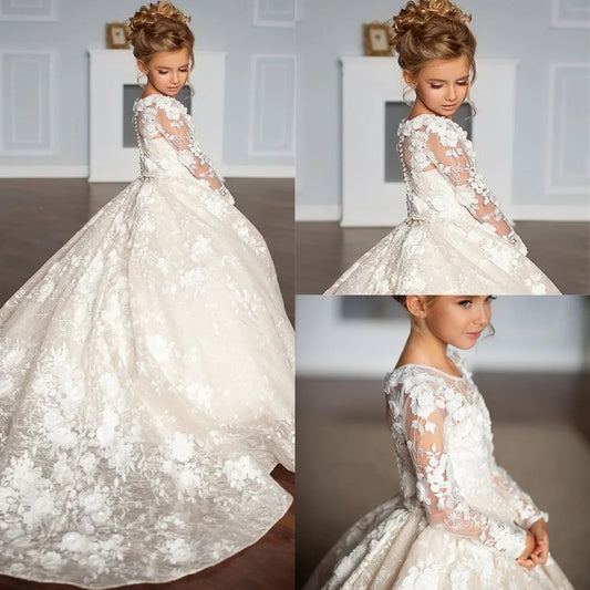 Apliques de encaje floral largo hasta el suelo, vestido de princesa para fiesta de cumpleaños infantil, comunión, vestidos blancos para niña de las flores para boda
