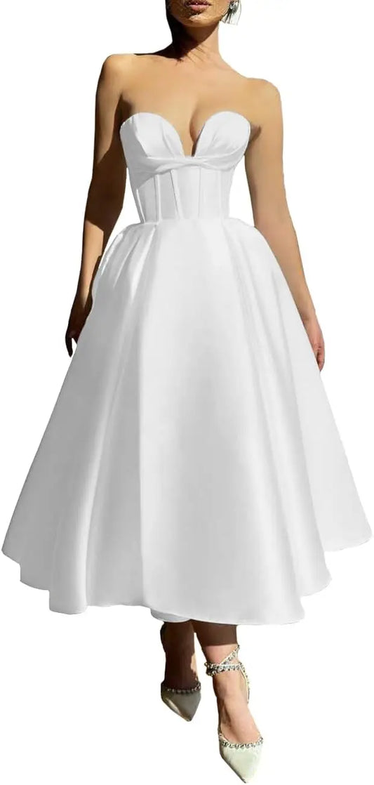 Vestidos de fiesta sin tirantes 2025, escote corazón, satén, largo hasta la rodilla, abullonados, para mujer, vestido de novia sencillo, vestido de novia corto.