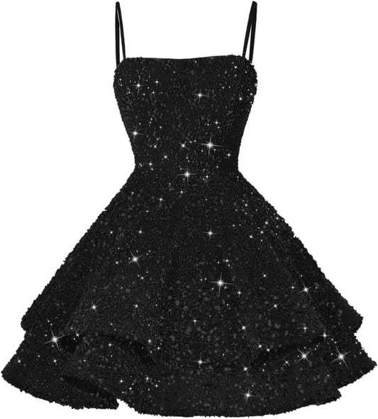 Vestidos cortos de lentejuelas para adolescentes 2025 con tirantes finos brillantes, vestido de cóctel para fiesta de quinceañera.