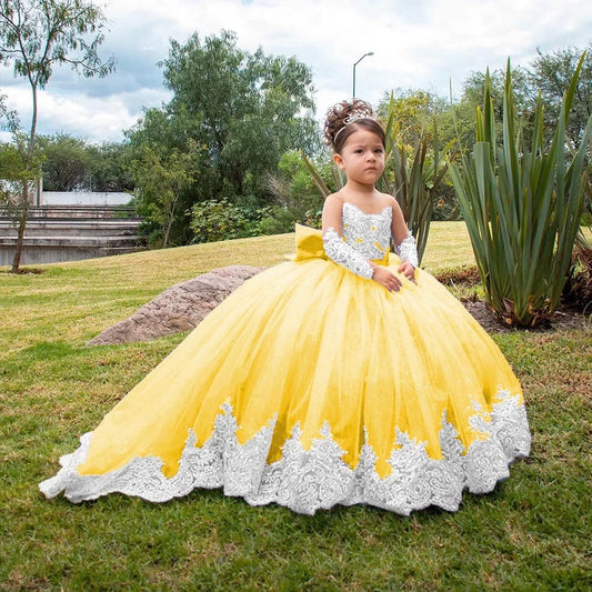 Volle Ärmel Bodenlangen Elegante Mädchen Kinder Geburtstag Party Kommunion Party Kleid Spitze Applikationen Blumenmädchen Kleider für Hochzeit