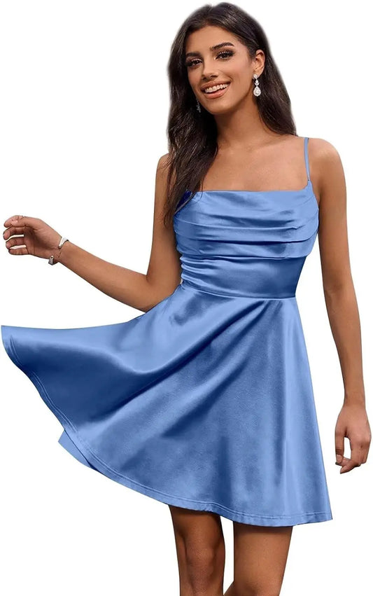 Vestidos de satén para fiesta de bienvenida, tirantes finos cortos, cuello vuelto, corte A, minivestido de cóctel