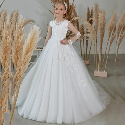 Vestidos de princesa para banquetes de fiesta de cumpleaños, vestidos de niña de las flores con apliques bordados de tul blanco y manga larga para boda