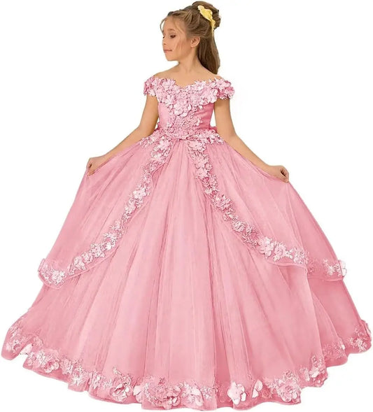 Vestido de tul para niña de las flores, para boda, con hombros descubiertos, para desfile, con flores 3D, estilo princesa, para fiesta