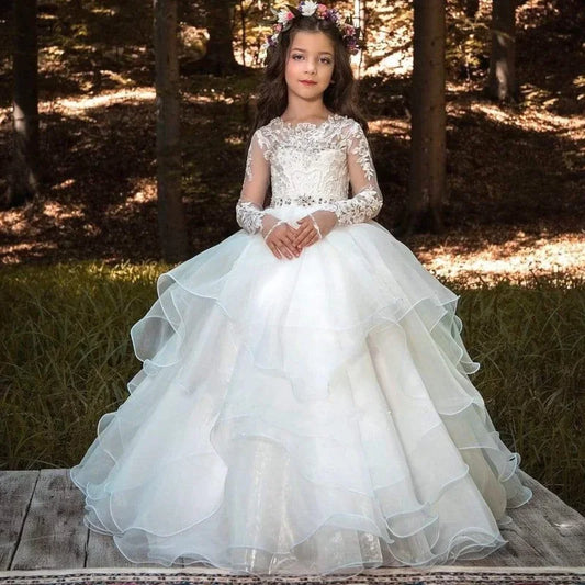 Birthday Party Banquet Holy Communion Flower Girl Dresses White Tulle Tiered Appliques With Bow Belt Long Sleeve For Wedding