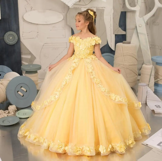 Vestido de tul para niña de las flores, para boda, con hombros descubiertos, para desfile, con flores 3D, estilo princesa, para fiesta