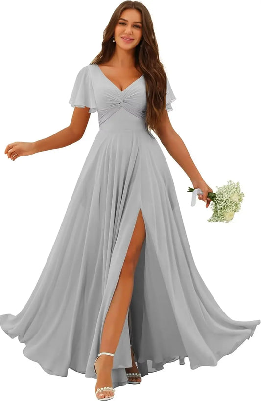 Maßgefertigte Brautjungfernkleider mit Flatterärmeln und Schlitz, langer V-Ausschnitt, Empire-Taille, formelles Abendkleid für die Hochzeit von Frauen