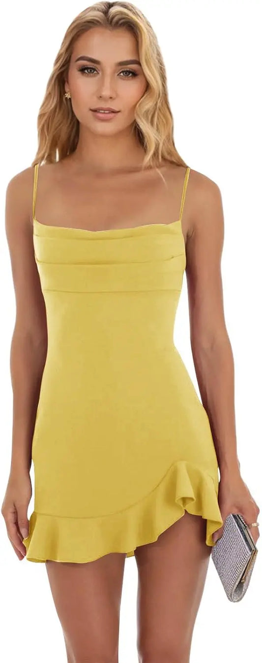 Vestidos cortos de fiesta ajustados para mujer, con tirantes finos y bajo con volantes, para cóctel y club.