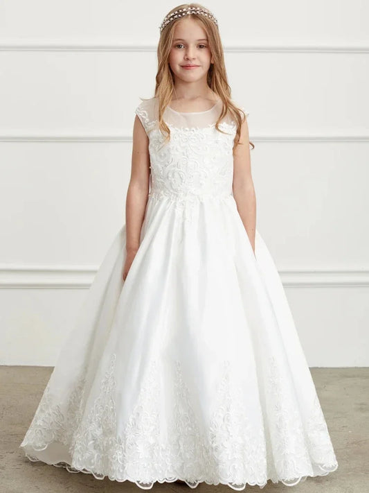 Vestidos de primera comunión para fiesta de cumpleaños, vestidos de niña de las flores con apliques de encaje blanco con lazo y cola, sin mangas para boda