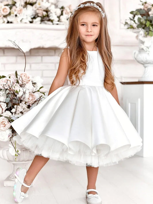 Vestidos de desfile para niñas, vestidos de niña de las flores de satén blanco con lazo, sin mangas, para bodas, fiestas de cumpleaños, banquetes, vestidos de princesa.