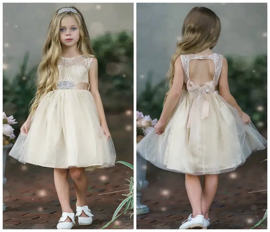 Vestidos para niñas pequeñas Vestidos de encaje para niñas de flores Vestido rústico de tul para niñas de flores Vestido para ocasiones especiales Vestido para niñas de flores color champán