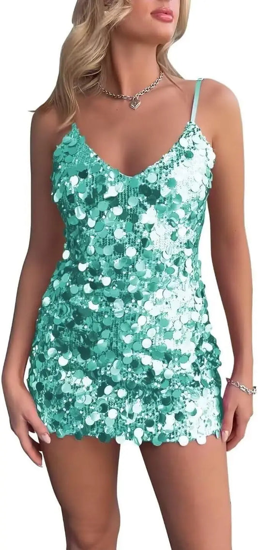 Vestidos de fiesta cortos con lentejuelas brillantes para adolescentes, cuello en V, tirantes finos, semi formales, para noche, vestidos de cóctel