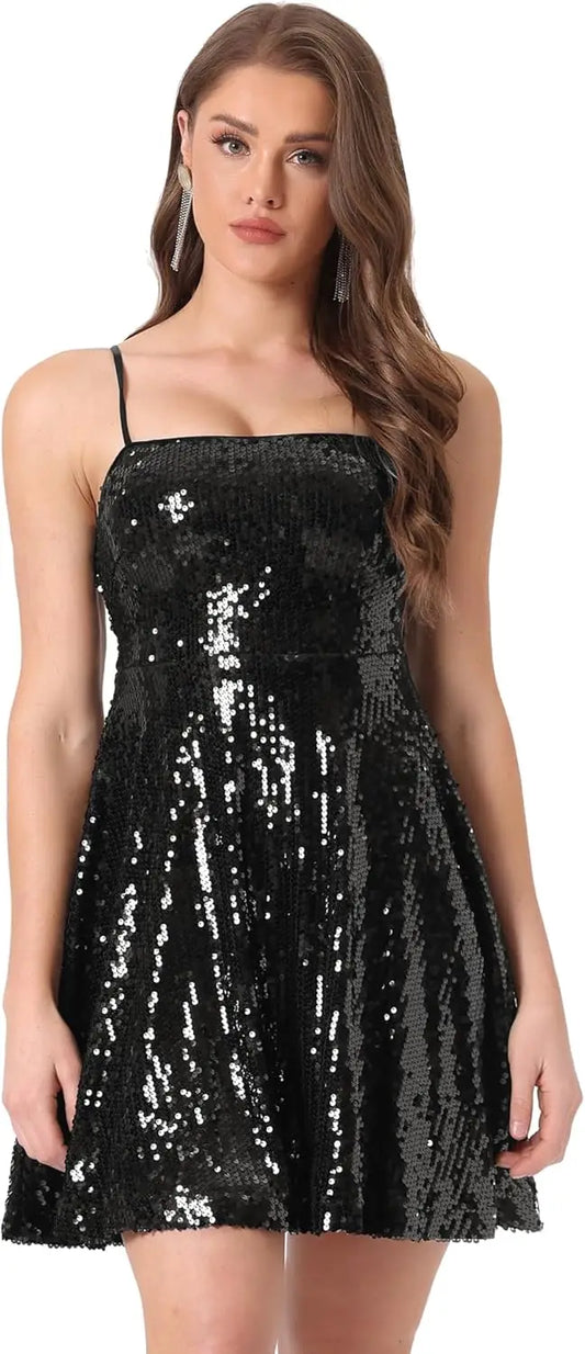 Vestido corto de fiesta con lentejuelas brillantes para mujer, sexy, con tirantes finos, sin mangas, para discoteca, graduación y baile de graduación.
