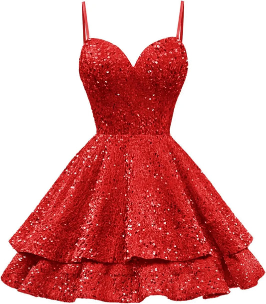 Vestidos de fiesta cortos con lentejuelas y capas para adolescentes 2025, tirantes finos, corte A, minivestido de fiesta
