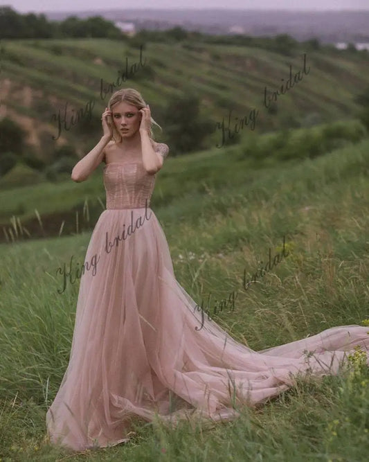 Vestido de novia con corsé ruborizado, corte A, romántico, de tul, para fiesta, sencillo.