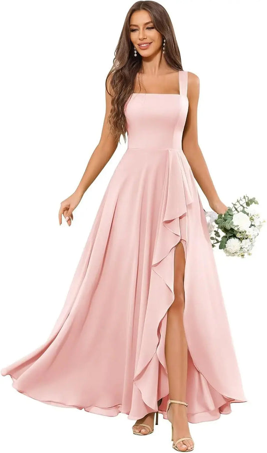 Vestidos de dama de honor de gasa con volantes para mujer, vestido de noche formal con escote cuadrado y abertura, vestido elegante para mujer para fiesta de boda