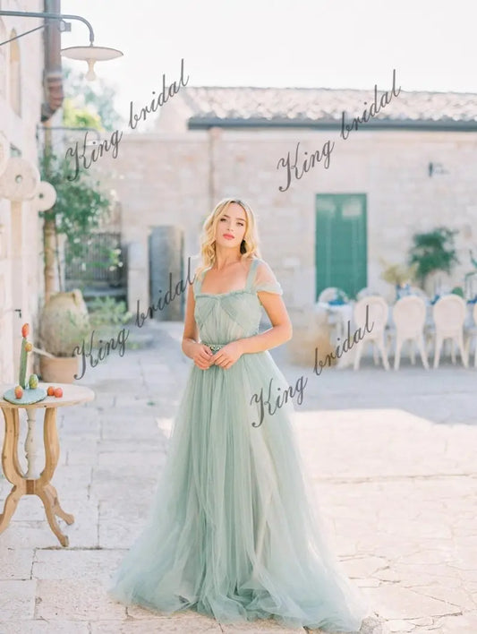 Vestido de novia con hombros descubiertos, vestido de novia con corsé, vestido de novia princesa en color menta salvia, vestidos de fiesta de noche 2025