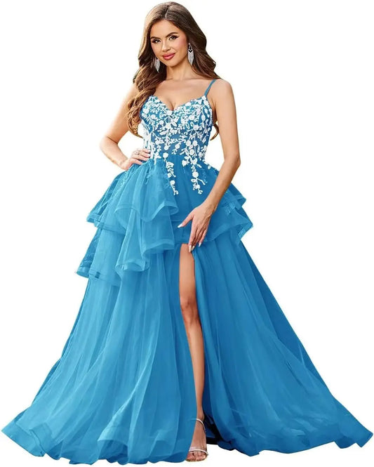 Vestidos de fiesta con apliques de encaje de tul y escote en V con abertura, vestidos de fiesta formales de noche con capas abullonadas, vestidos de baile largos