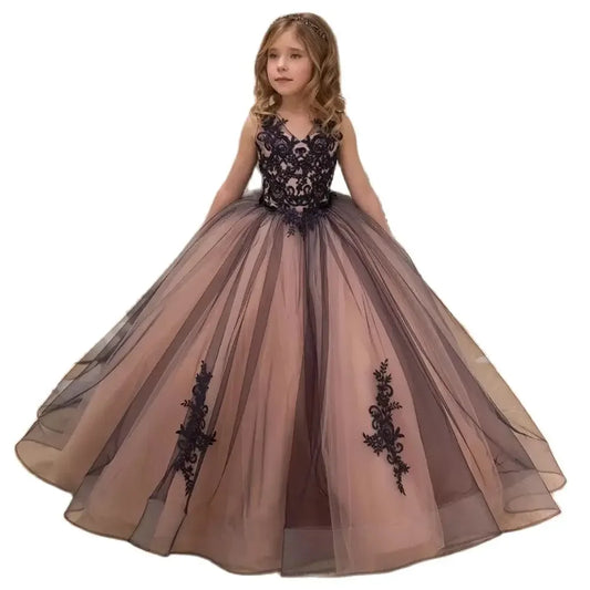 Pageant Birthday Photoshoot First Communion Customize V-Neck Flower Girl Dress for Wedding Lace Tulle Formal Occasion Party