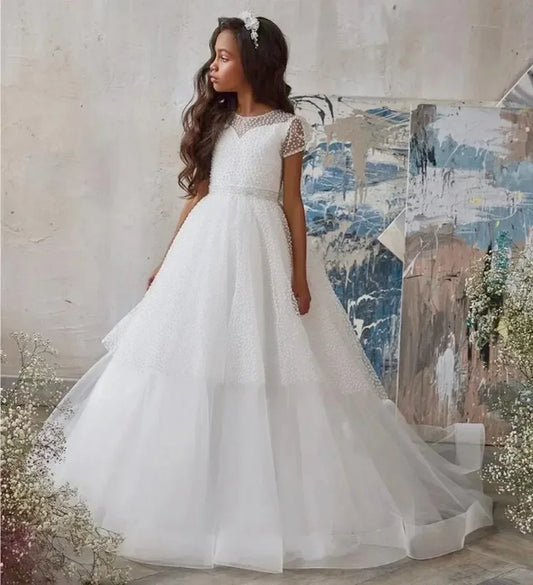 Short Sleeves Floor Length Birthday Party First Communion Gowns Customized White Flower Girl Dresses Pageant Gown for Wedding