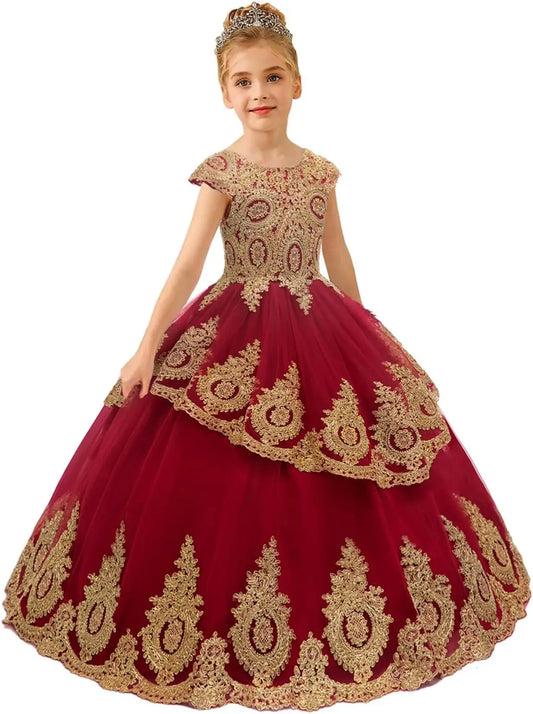 Vestido de niña de las flores con apliques de encaje y cuentas, vestido de primera comunión, vestido de fiesta para niños, vestido de princesa