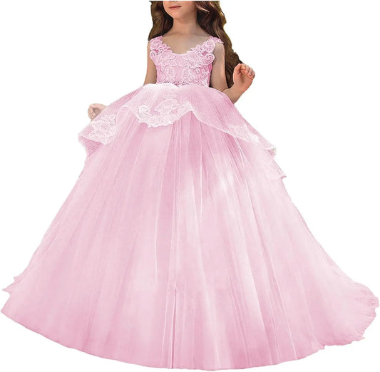 Vestido de niña de flores de tul con apliques de princesa, falda de tul abullonada, vestidos sin mangas para desfiles infantiles, vestidos de baile