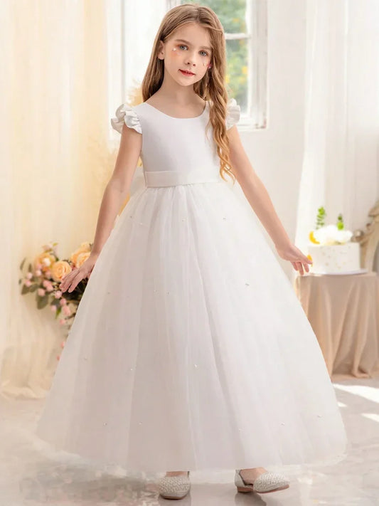 White Tulle Pearls Skirt With Bow Short Sleeve For Wedding Birthday Party First Communion Gowns Flower Girl Dress Princess Dress