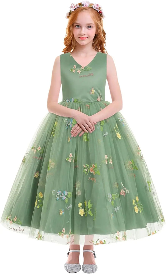 Floral Embroidered Tulle Dress Girls Sleeveless Birthday Wedding Pageant Party Formal Long Tutu Dresses princess dress