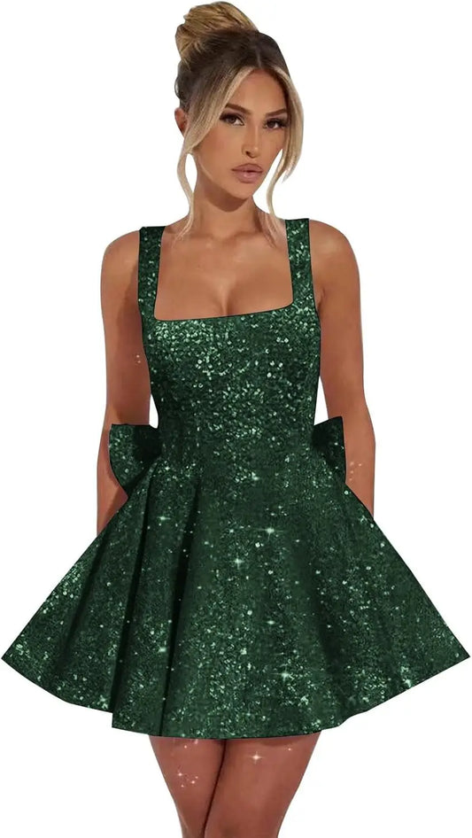 Vestidos de fiesta de graduación con lentejuelas brillantes para adolescentes, con lazo, cortos y abullonados.