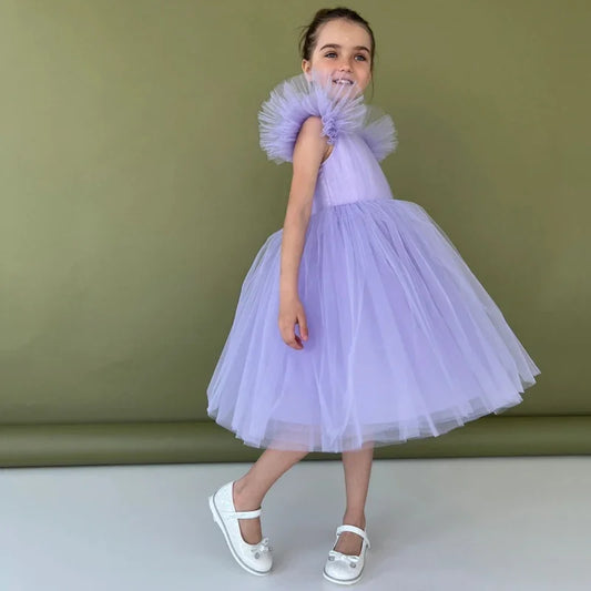 Purple Tulle Puffy With Zipper Short Sleeve For Wedding Birthday Party Banquet Holy Communion Gowns Flower Girl Dresses