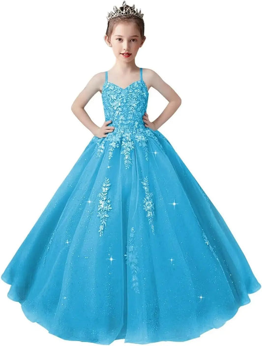 Vestidos de desfile de tul con apliques de encaje para niñas, vestido de baile para niñas de flores, vestido de princesa para niñas pequeñas, vestido de fiesta de graduación para niñas