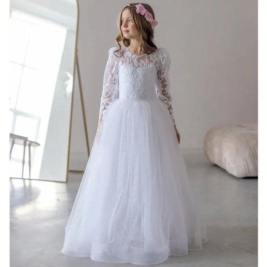 Vestido de princesa para niña de las flores, tul blanco, flores bordadas, manga larga, para boda, fiesta de cumpleaños, primera comunión.