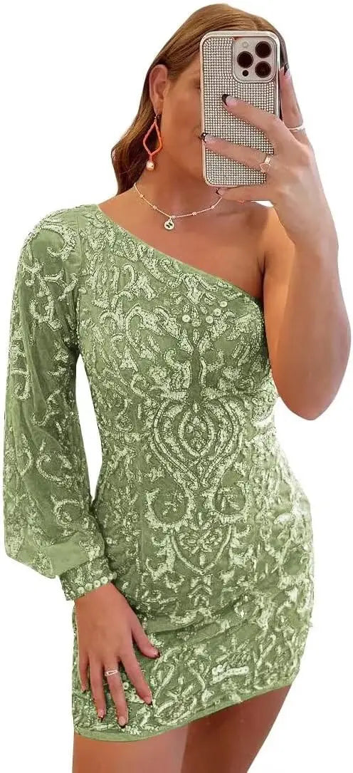 Vestidos de fiesta de encaje con lentejuelas brillantes para adolescentes, mangas abullonadas, un hombro, minivestido de cóctel para graduación, vestidos de noche