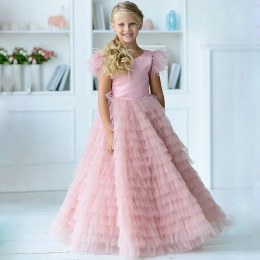 Vestido de tul satinado rosa con volantes y lazo, sin mangas, para boda, cumpleaños, banquete, comunión, personalizado, para niña de las flores