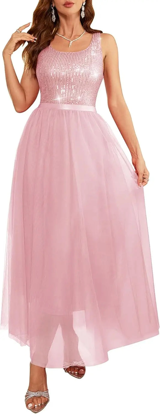 Vestido de lentejuelas para mujer, estilo vintage, corte A, para boda, formal, de malla, sin mangas, para cóctel, maxivestido