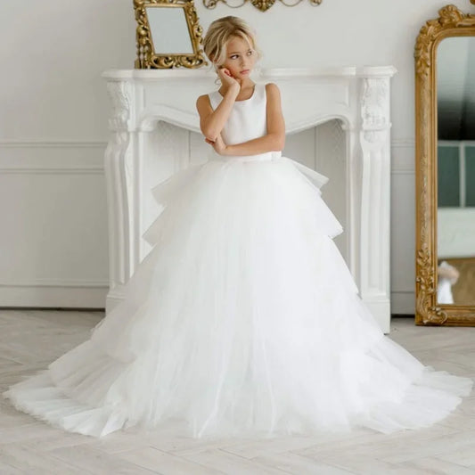 Vestidos de primera comunión para banquete de cumpleaños, personalizados, de tul blanco con capas y lazo, sin mangas, para boda