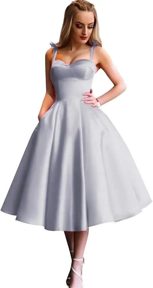 Vestido corto de satén con tirantes finos para mujer, para fiesta de graduación, regreso a casa, escote en forma de corazón, corte en A, vestido de cóctel con bolsillo