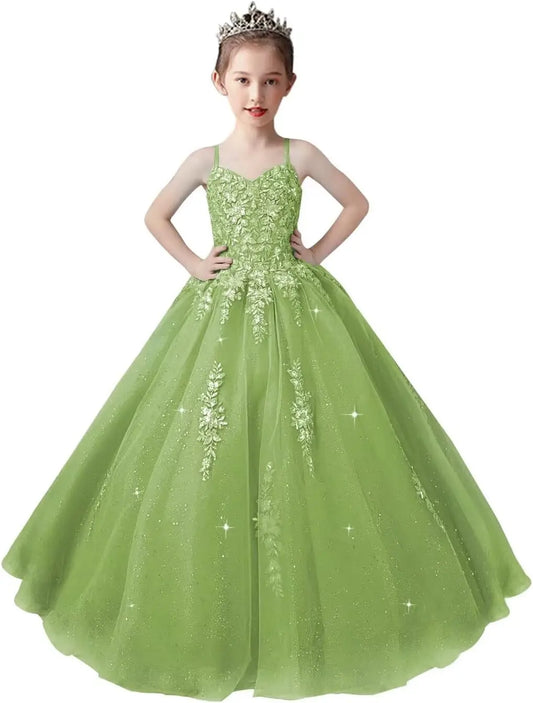 Vestidos de desfile de tul con apliques de encaje para niñas, vestido de baile para niñas de flores, vestido de princesa para niñas pequeñas, vestido de fiesta de graduación para niñas