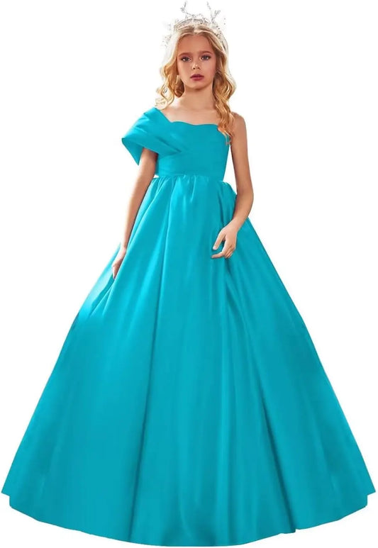 Satin One Shoulder Flower Girl Dresses for Wedding Ball Gown Puffy Pageant Gown Cute First Communion Dress princess dress
